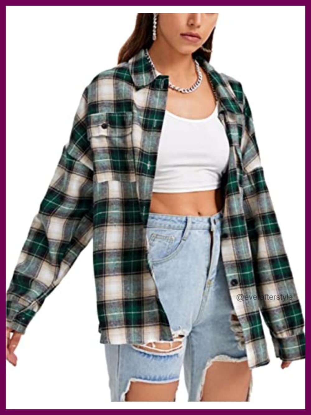 Oversized Plaid Flannel Shirt Women Button Down Tops